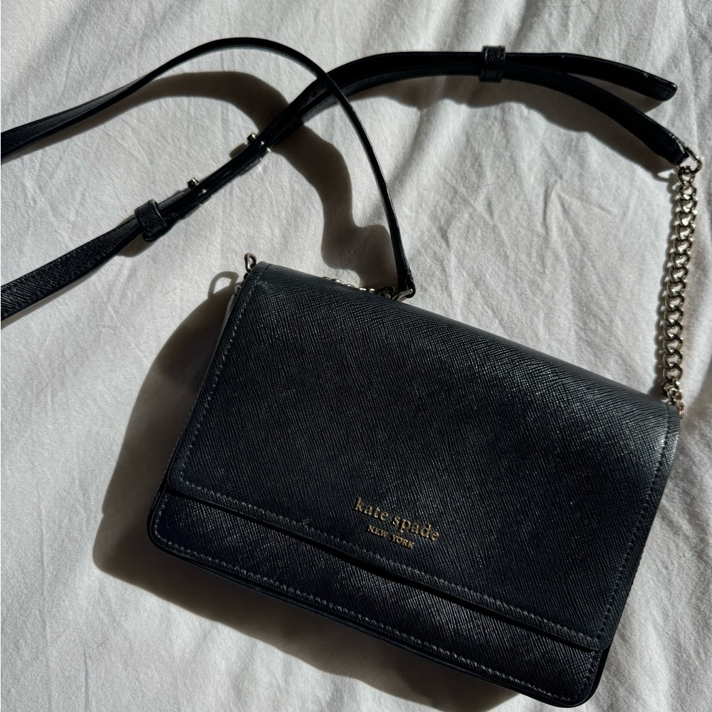 Kate Spade Cedar Street Cami Crossbody - Black Leather and Silver Chain Purse